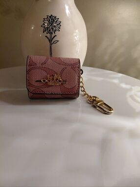 Coach Pink Signature Canvas Key Pouch/Airpod Case with Gold Hardware